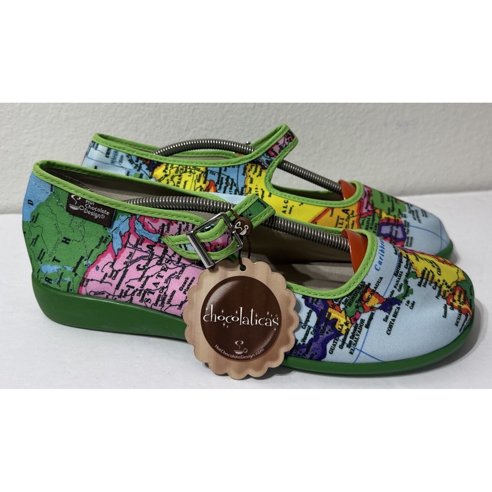 Hot Chocolate Design Womens Size 39 US 9 Colored World Map Globe Mary Jane Flats